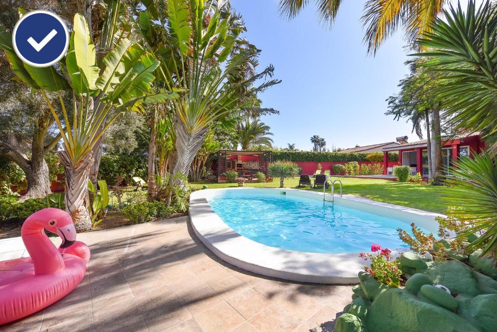 einen Pool mit einem rosa Flamingo im Hof in der Unterkunft Villa Tropycal Golf Maspalomas in Maspalomas