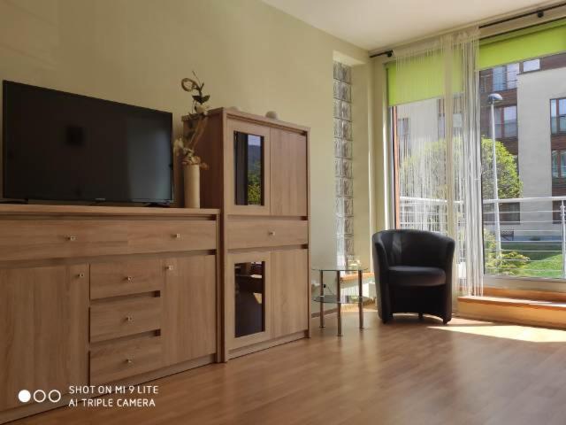 Televízia a/alebo spoločenská miestnosť v ubytovaní LuxApartament 3 - z dużym tarasem i garażem w Zeta Park
