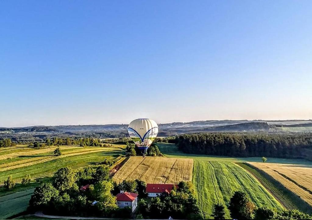 a hot air balloon flying over a field at Nasza Wioska in Kroczyce