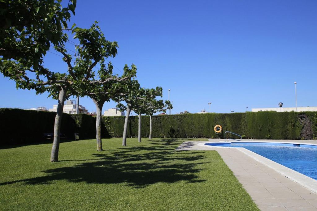 uma fileira de árvores ao lado de uma piscina em AT031 Les Dunes em Torredembarra
