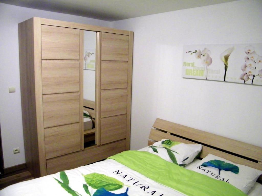 um quarto com uma cama e um armário de madeira em Grand appartement dans villa avec parking quartier résidentiel em Joigny