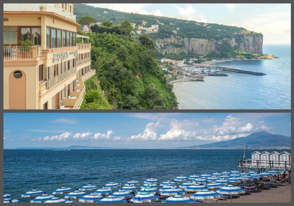 due immagini di un edificio e di una spiaggia con ombrelloni di Hotel Sporting a Vico Equense