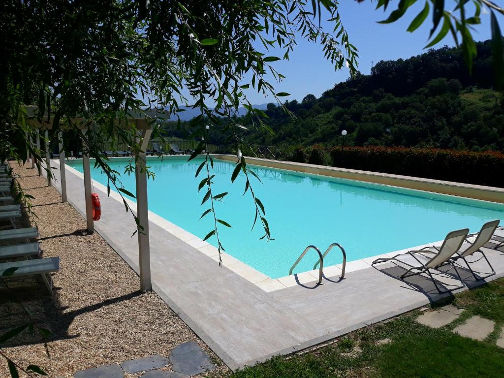 a swimming pool with two lounge chairs next to it at Bio Agriturismo Valle dei Calanchi in Castiglione in Teverina