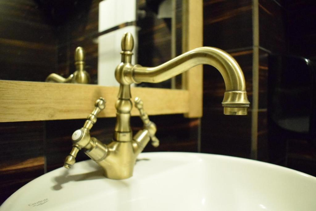 a sink with a gold faucet in a bathroom at Apartman Dunja -Ski skola in Kopaonik