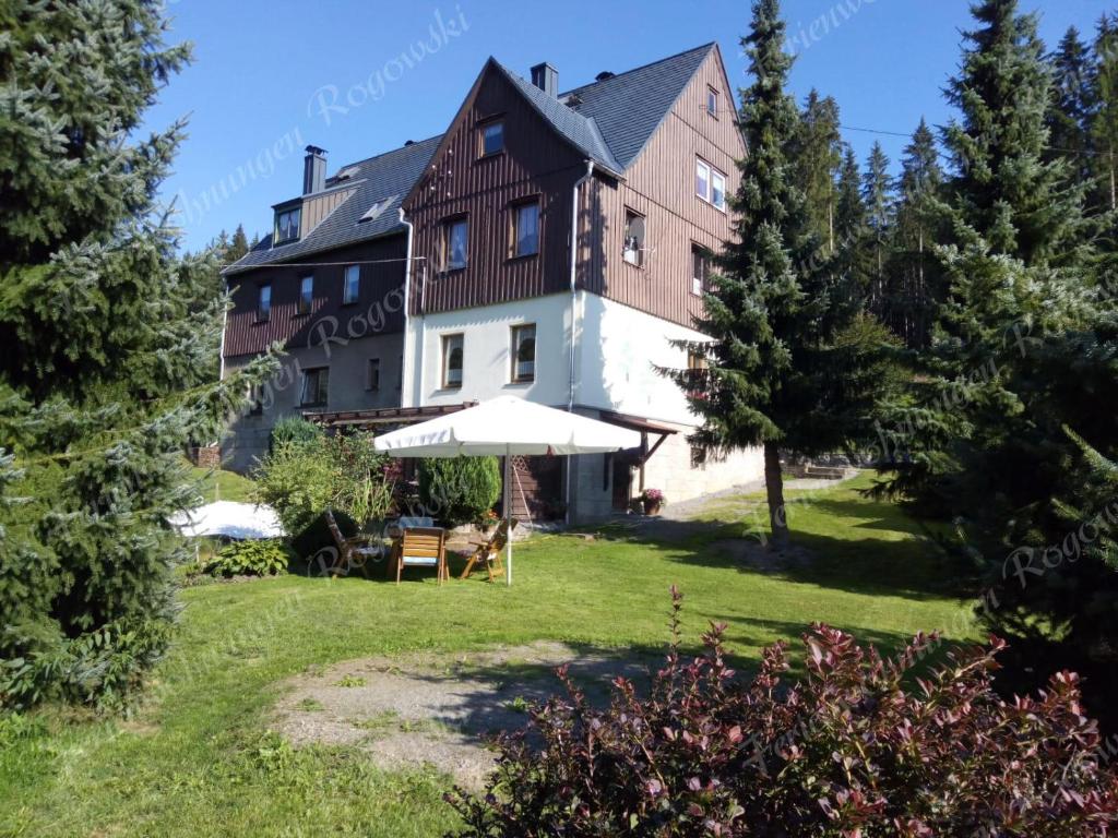 une grande maison avec une pelouse devant elle dans l'établissement Ferienwohnung Rogowski, à Breitenbrunn/Erzgeb.