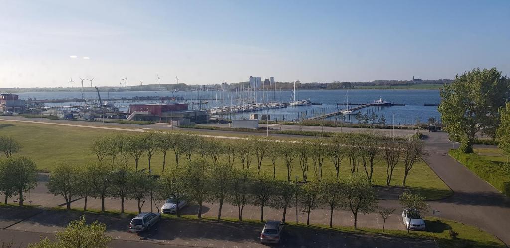 Blick auf einen Fluss mit Autos auf einem Parkplatz in der Unterkunft Große Hafenliebe in Fehmarn