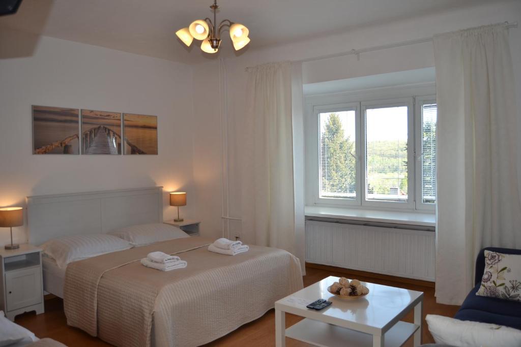 a bedroom with two beds and a table and two windows at Pension Nika in Prague