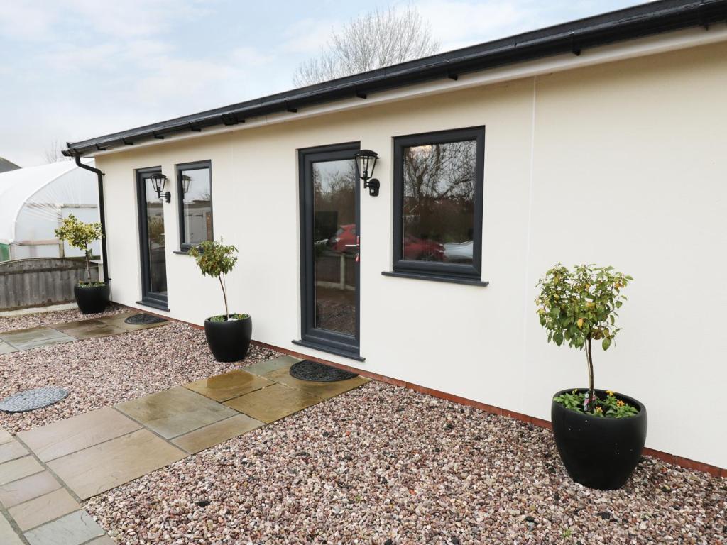 a white house with black windows and potted trees at Foxes Den in Thornton