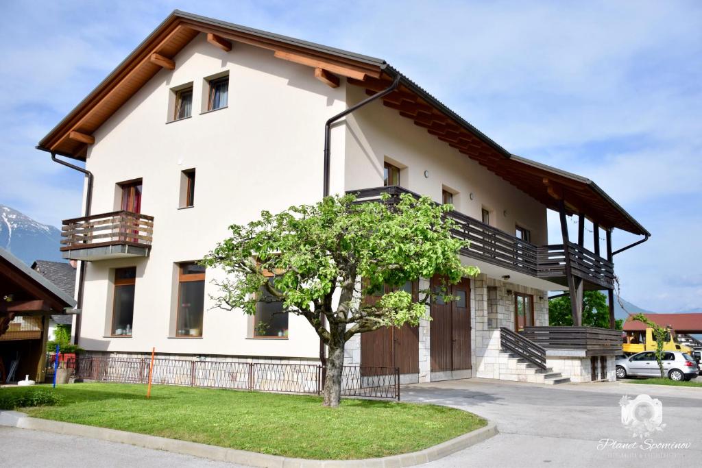 una casa bianca con un albero davanti di Apartments B&S a Bled