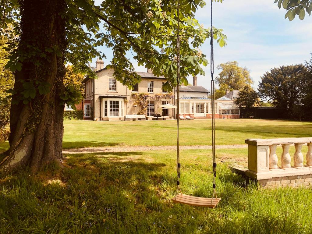 Herringfleet的住宿－Somerleyton Meadows - The Hideaway Hut & Hot Tub，挂在房子前面的树上的秋千