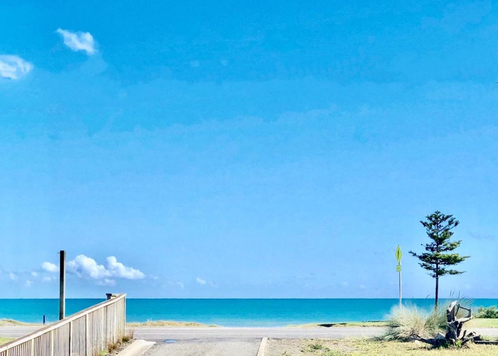 a road to the beach with a tree and the ocean at Otaki Beachfront Getaway in Otaki Beach