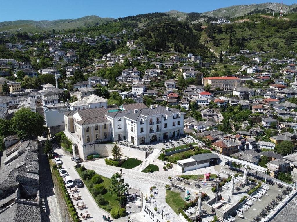 an aerial view of a city with buildings at Hotel Fantasy in Gjirokastër