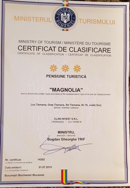 Certifikát, hodnocení, plakát nebo jiný dokument vystavený v ubytování Pensiunea Magnolia din Tismana