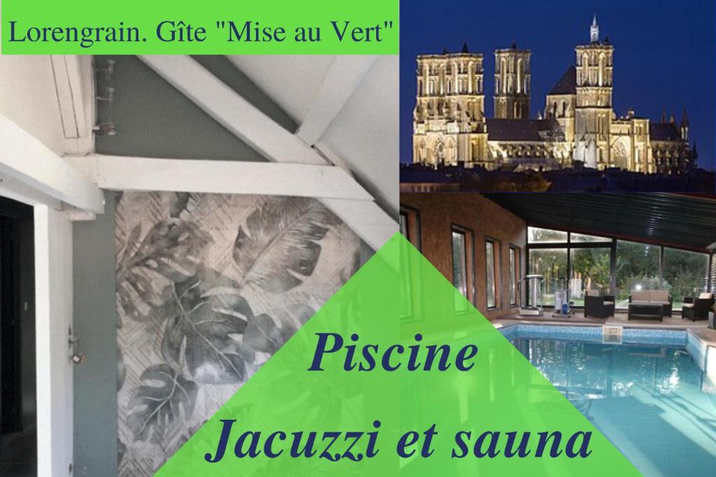 eine Collage mit Bildern einer Villa und einem Pool in der Unterkunft Gîte Mise au Vert in Bruyères-et-Montbérault