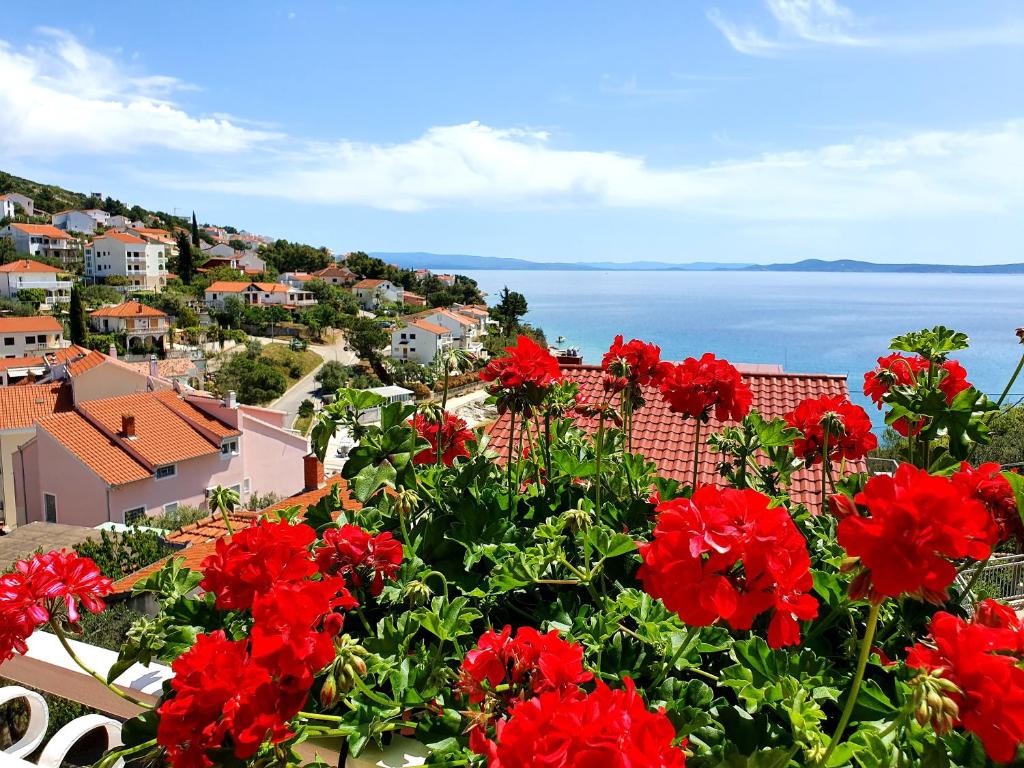 vista su una città con fiori rossi di Apartments Jakšić a Trogir