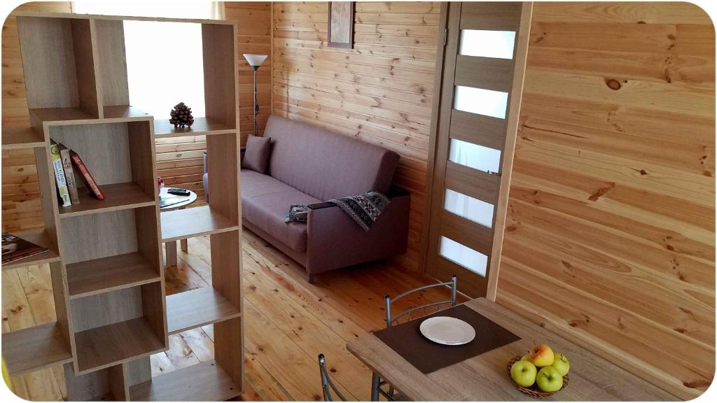 a room with a couch and a table in a tiny house at Удачное место in Rozhny