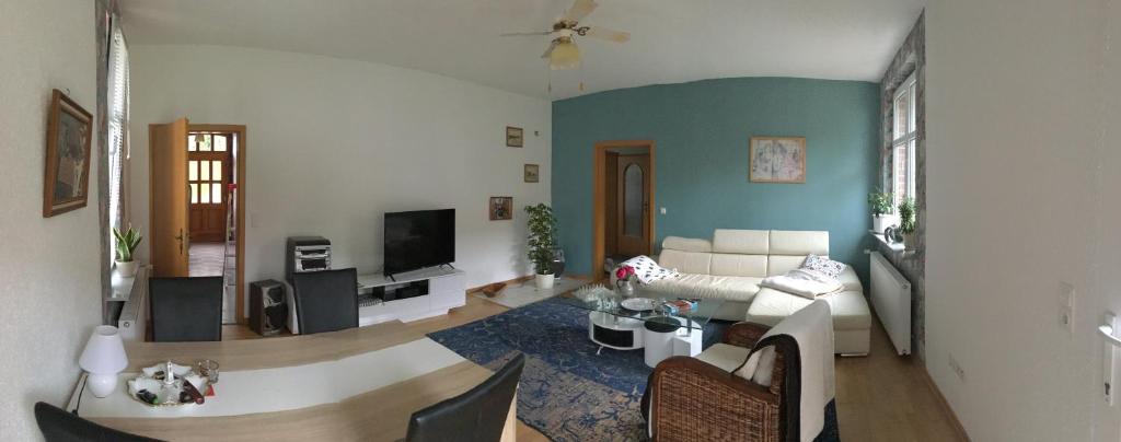 a living room with a couch and a tv at Villa Irene am Inselsee in Mühl Rosin