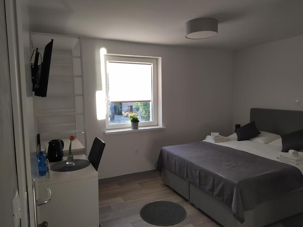 a bedroom with a bed and a window at Apartment Trubarjeva33, near Ljubljana, free parking in Velike Lašče