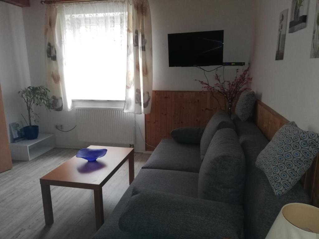 a living room with a couch and a table at Ubytování Maxa in Špičák