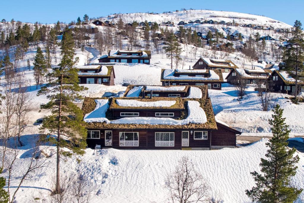 widok z góry na dom pokryty śniegiem w obiekcie Three-Bedroom Holiday Cottage w mieście Tjørhom