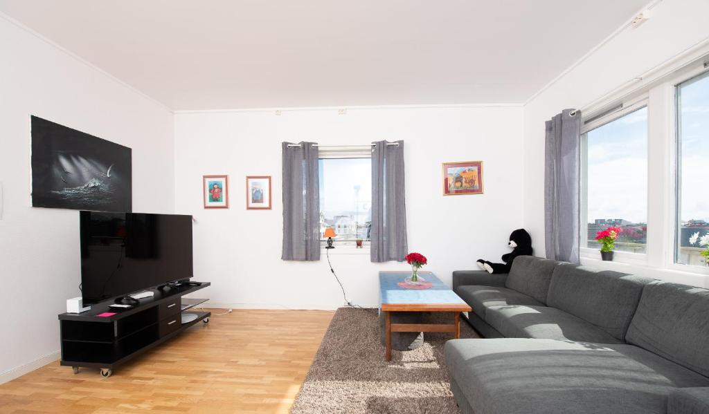 a living room with a couch and a flat screen tv at Apt 201 - Andenes Whale Safari Apartments in Andenes