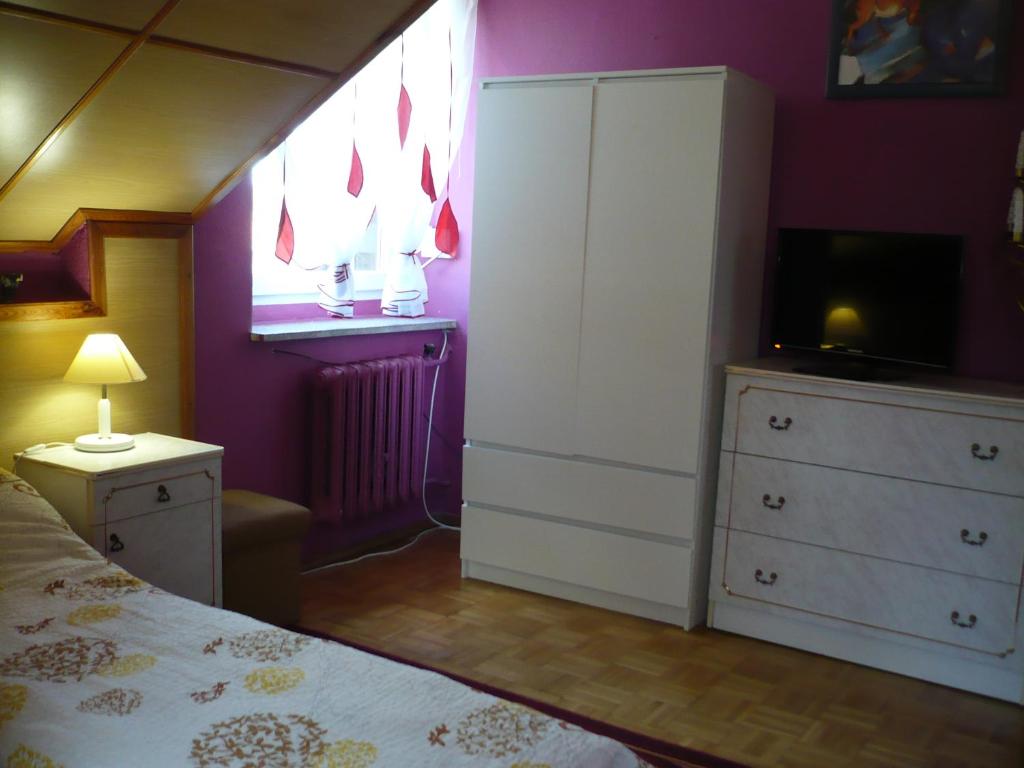um quarto com uma cama, uma cómoda e uma televisão em Pokoje gościnne u Andrzeja em Radków
