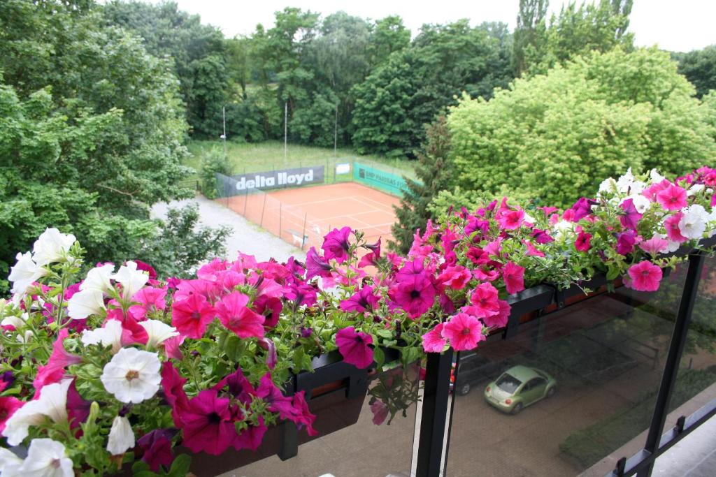 a bunch of flowers on a balcony with a tennis court at Hotel Panorama in Overijse