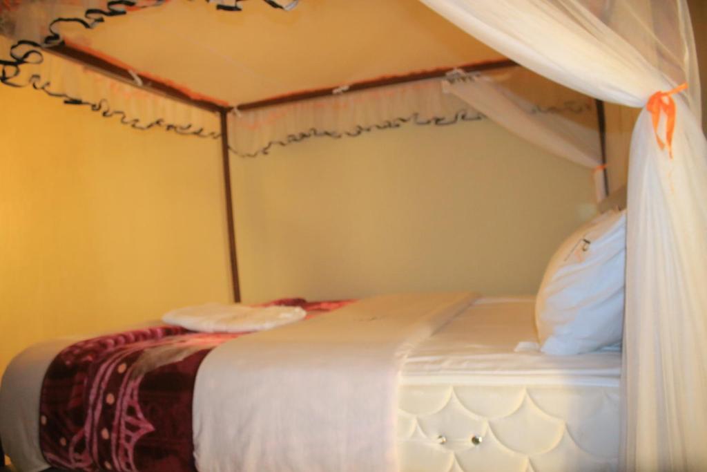 Bett in einem Zimmer mit Himmelbett in der Unterkunft Pride Travellers Hotel Mubende in Mubende
