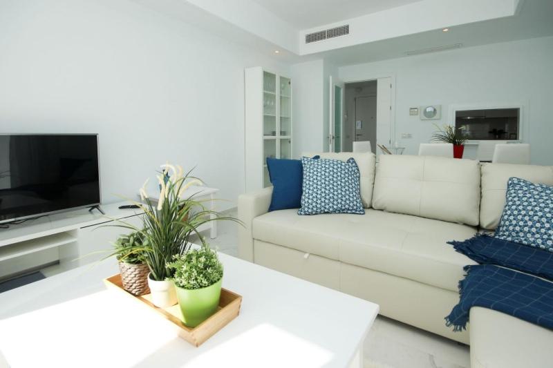 TV a/nebo společenská místnost v ubytování Casares Del Mar Luxury Apartments penthouse with beach access