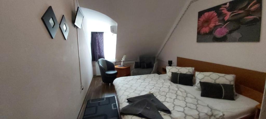 陶陶巴尼奧的住宿－羅曼蒂克艾滕姆酒店- 潘茲奧，一间小卧室,配有一张床和一把椅子