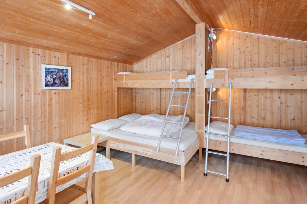 a room with two bunk beds and a ladder at Birkelund camping in Geilo