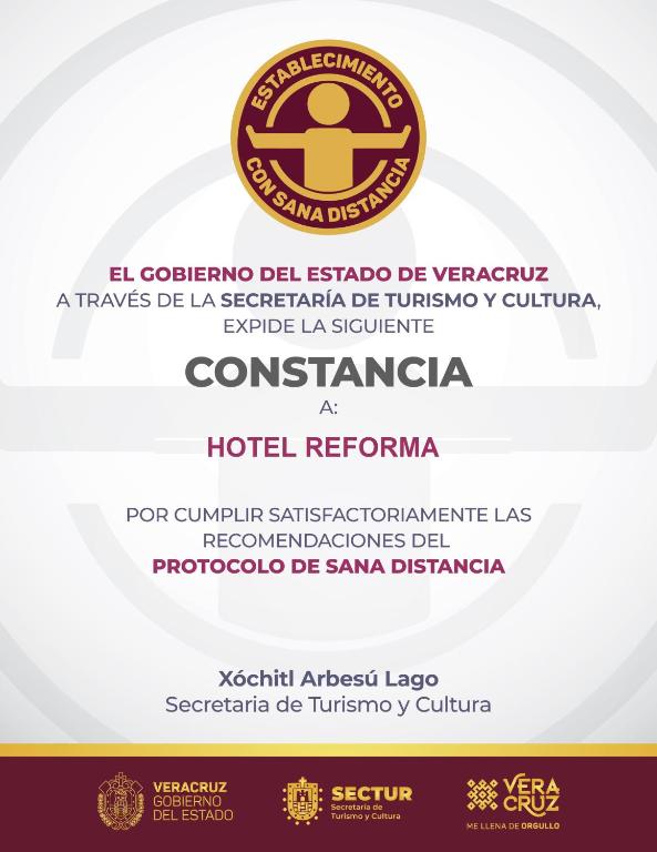 Certifikát, hodnocení, plakát nebo jiný dokument vystavený v ubytování Hotel Reforma Tuxpan