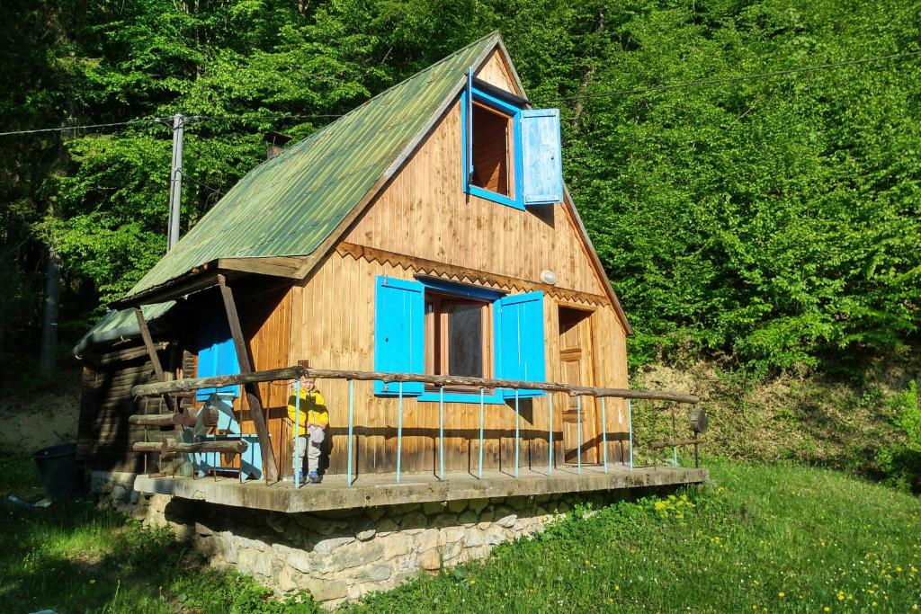 Cabaña de madera con ventanas azules y techo verde en Malebná chata v lese en Opátska