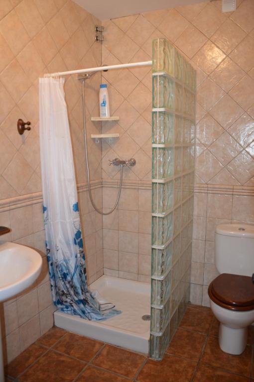 a bathroom with a shower with a sink and a toilet at Cal Gorro in Arnés