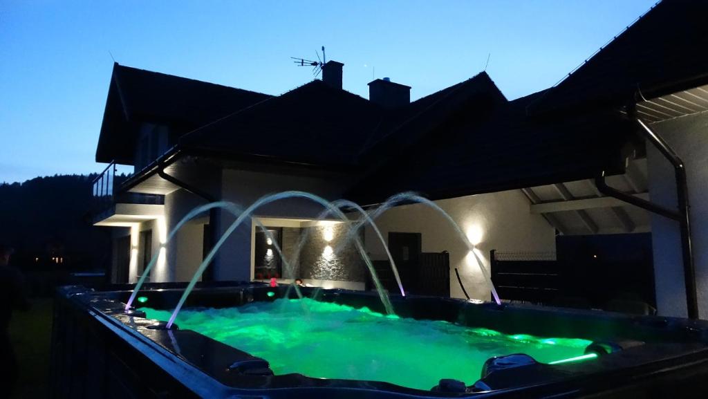 - une piscine avec une fontaine en face d'une maison dans l'établissement DOMINO-APARTAMENTY Green, à Krościenko nad Dunajcem