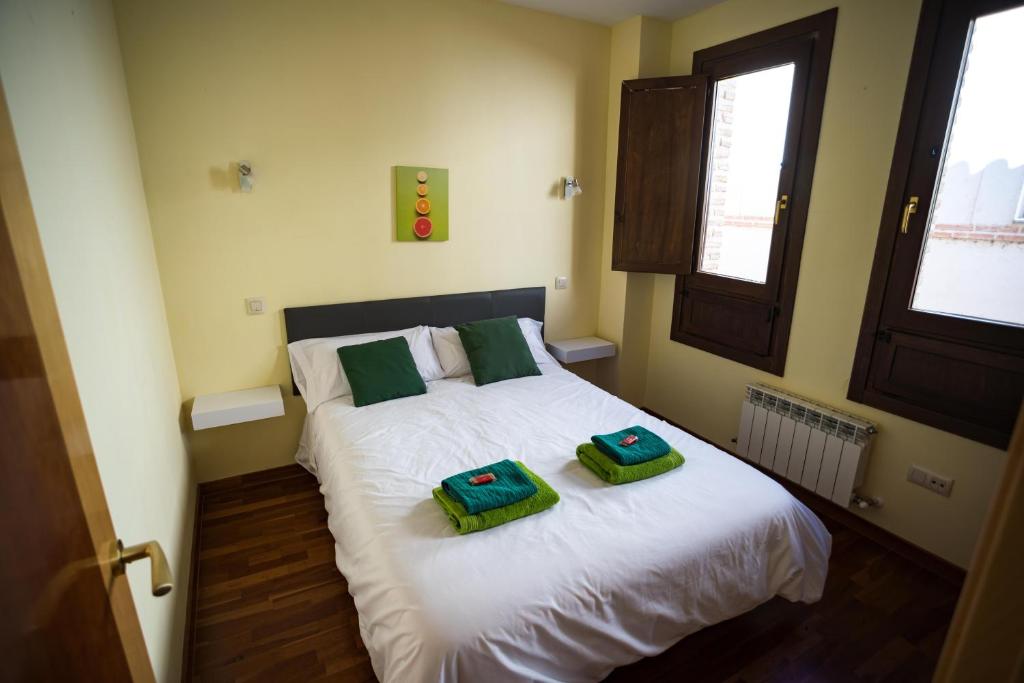 1 dormitorio con 1 cama con 2 almohadas verdes en Barco en Toledo