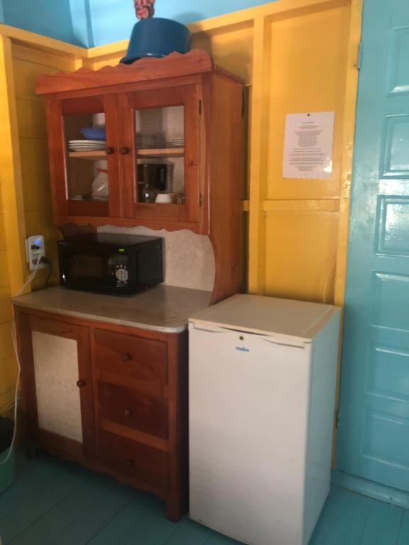 a small kitchen with a microwave and a refrigerator at Colinda Cabanas in Caye Caulker