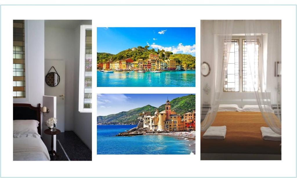 uma colagem de fotos de uma cidade e um lago em Plan Sea Guest House em Santa Margherita Ligure