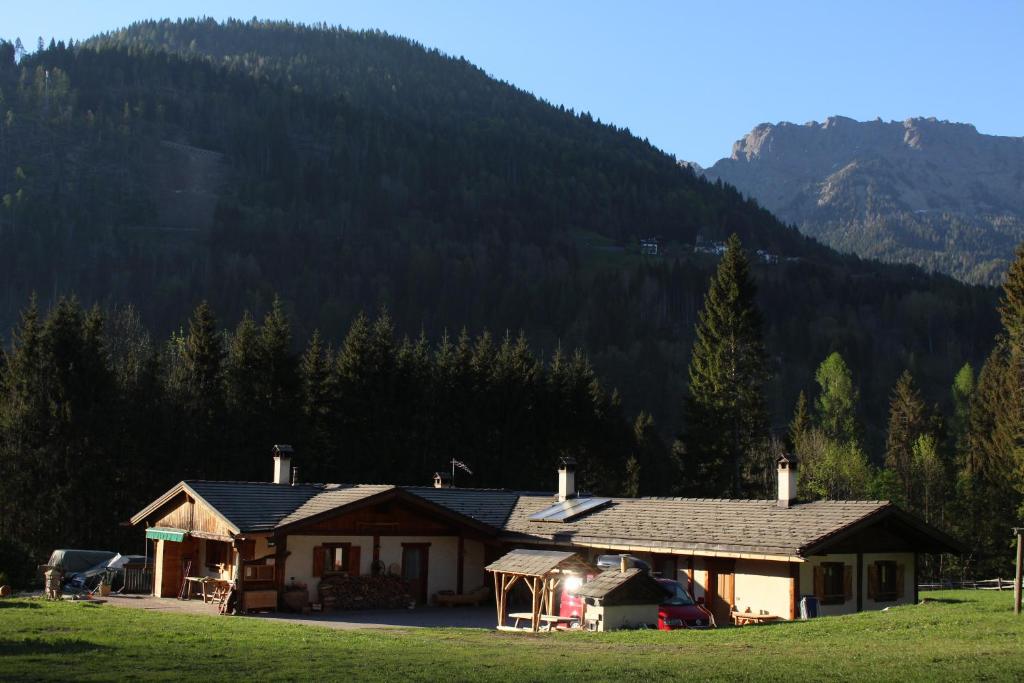 ein Haus auf einem Feld mit einem Berg im Hintergrund in der Unterkunft Agriturismo Maso Fumas in Canale dʼAgordo