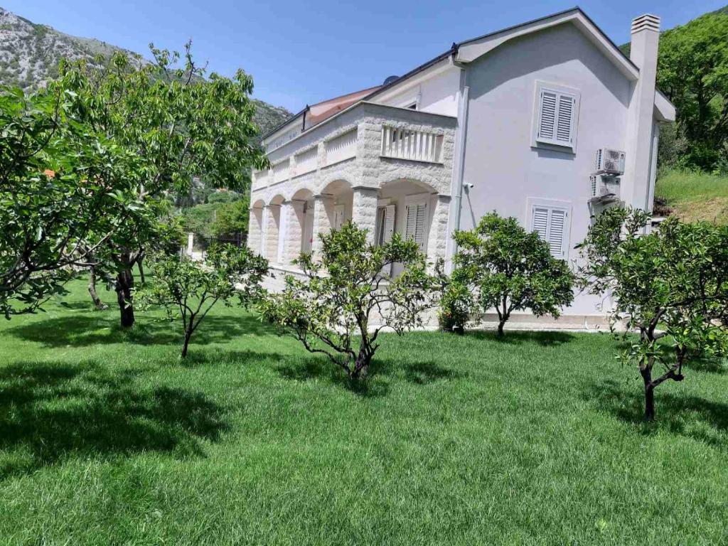 una gran casa blanca con árboles en el patio en Queen Teuta's hill, en Risan