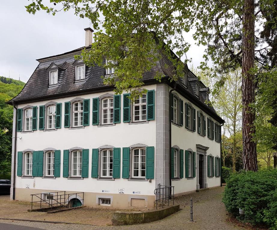 a large white house with green shutters and trees at Ehem. Sommerresidenz von Fürst Friedrich III. App.1 und App.2 in Kirn