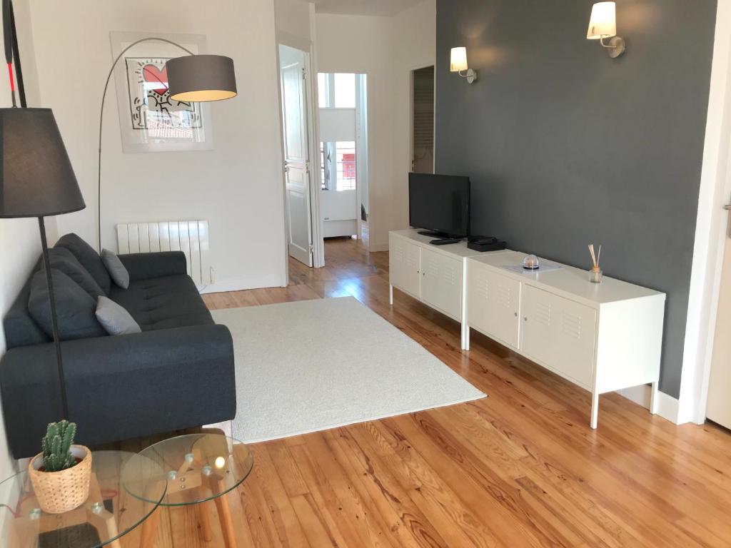 a living room with a couch and a tv at Appt 5pers Centre St Jean de Luz - Calme - Grande Plage à 2mn - Balcon in Saint-Jean-de-Luz