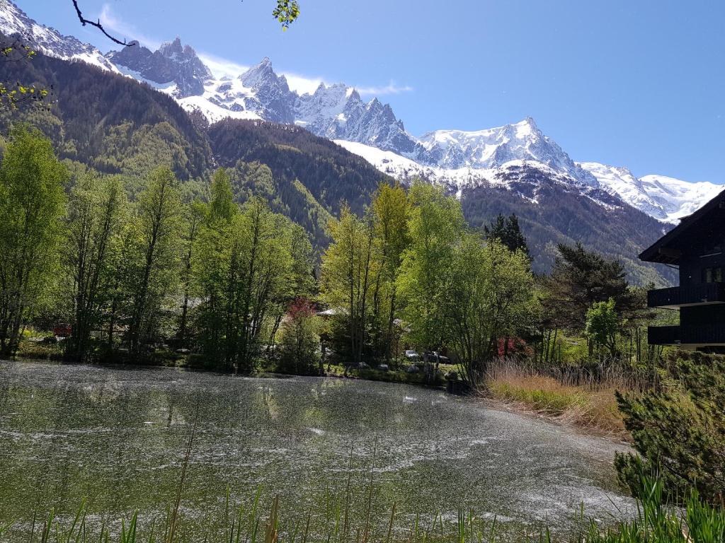 a body of water with mountains in the background at bel appartement , son jardin et le lac in Chamonix-Mont-Blanc