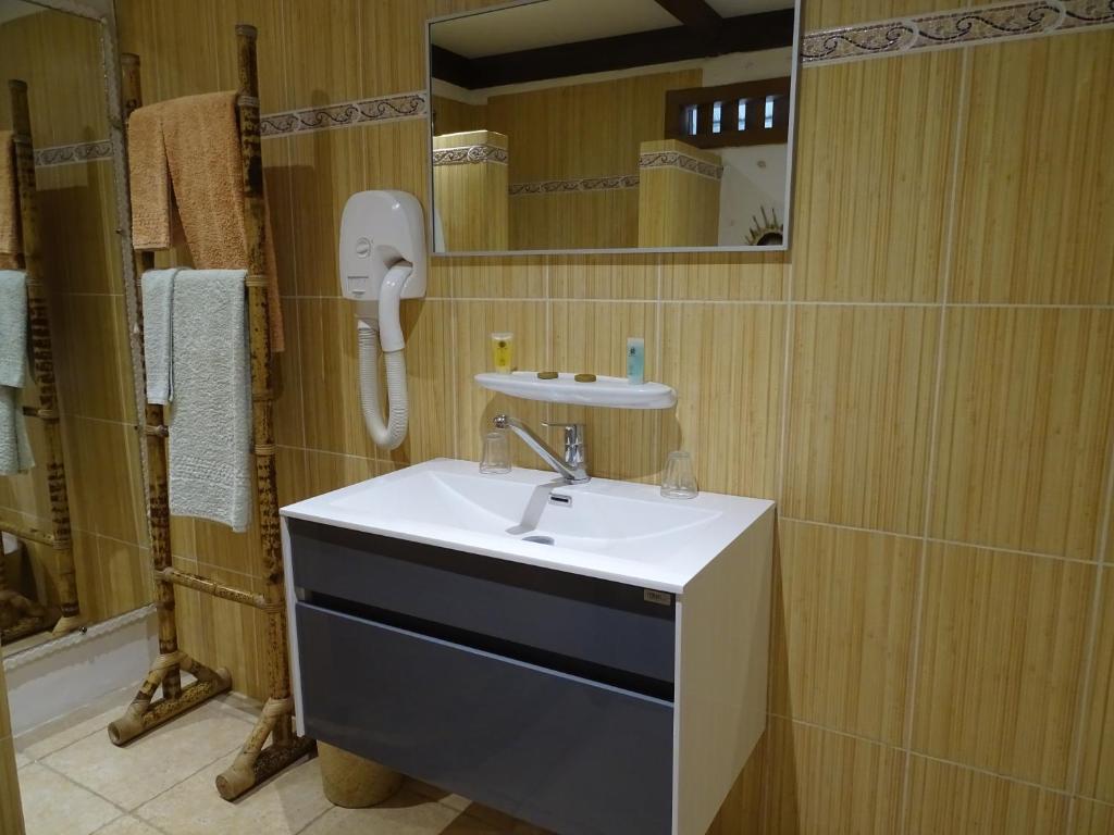 a bathroom with a sink and a mirror at Hôtel Atiapiti in Opoa