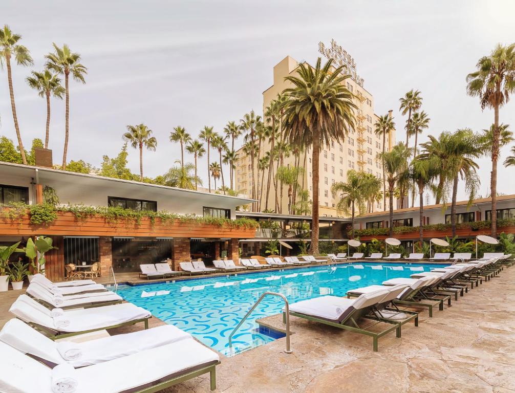 Rooms with balconies overlooking the swimming pool at The Hollywood Roosevelt.