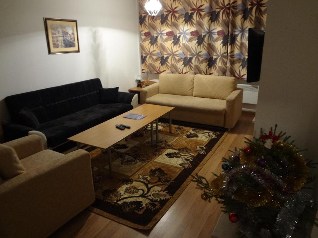 sala de estar con sofá y mesa en Deluxe Apartments, en Pamporovo