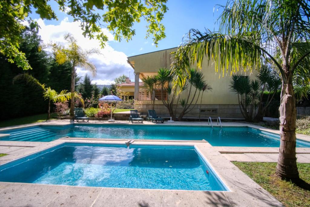 a swimming pool in a yard with a palm tree at Casa dos Carvalhos Guest House in Ponte da Barca