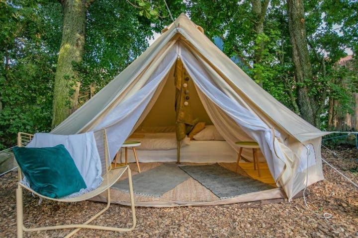 a tent with chairs and a bed in the woods at Into the Green Glamping - Chestnut in Markt Nordheim