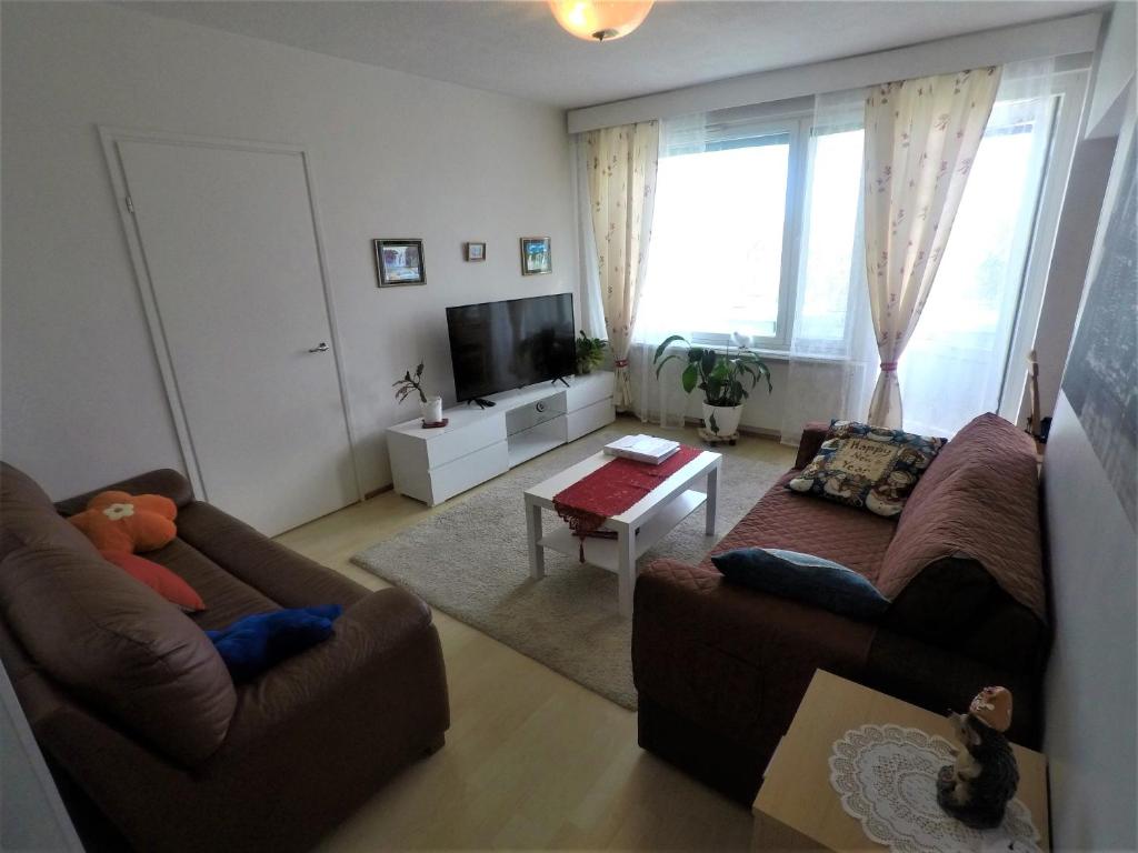 uma sala de estar com dois sofás e uma televisão em City centre apartment Siilinjärvi em Siilinjärvi