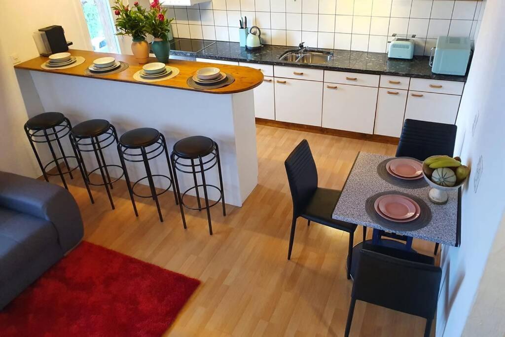 a kitchen with a counter and a table and chairs at Swiss Mountains Apartments in Interlaken
